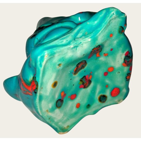 Vintage Turquoise Ceramic Bird Planter Orange Black Splatter - Picture 7 of 10